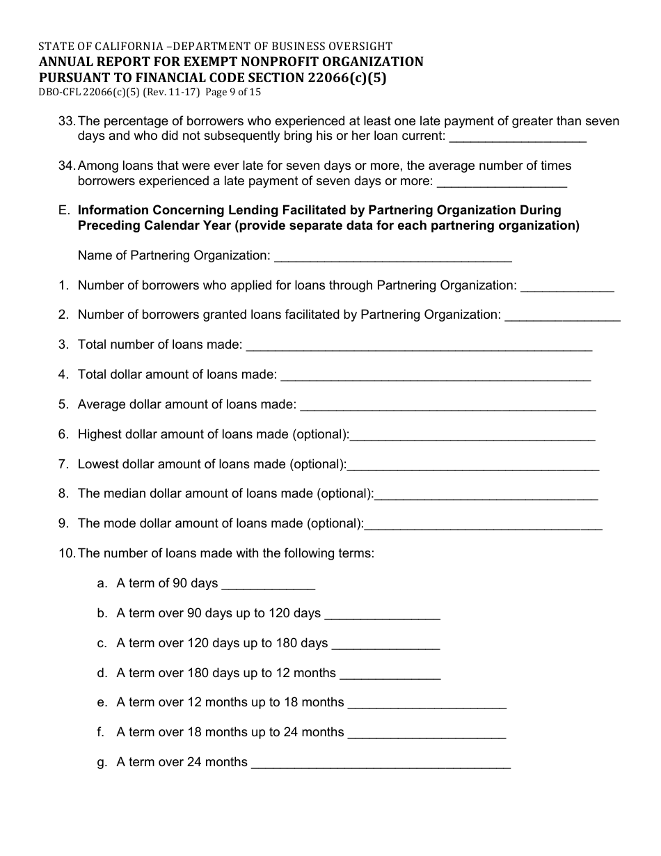 Form DBO-CFL22066(C)(5) Annual Report for Exempt Nonprofit Organization Pursuant to Financial Code Section 22066(C)(5) - California, Page 9
