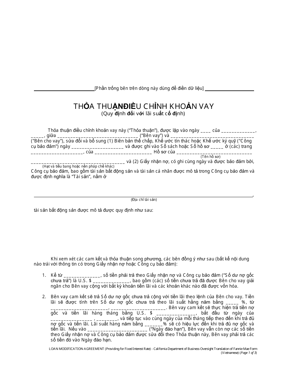 Form DBO-CRMLA8019 Loan Modification Form (Fixed Interest Rate) - California (Vietnamese), Page 1