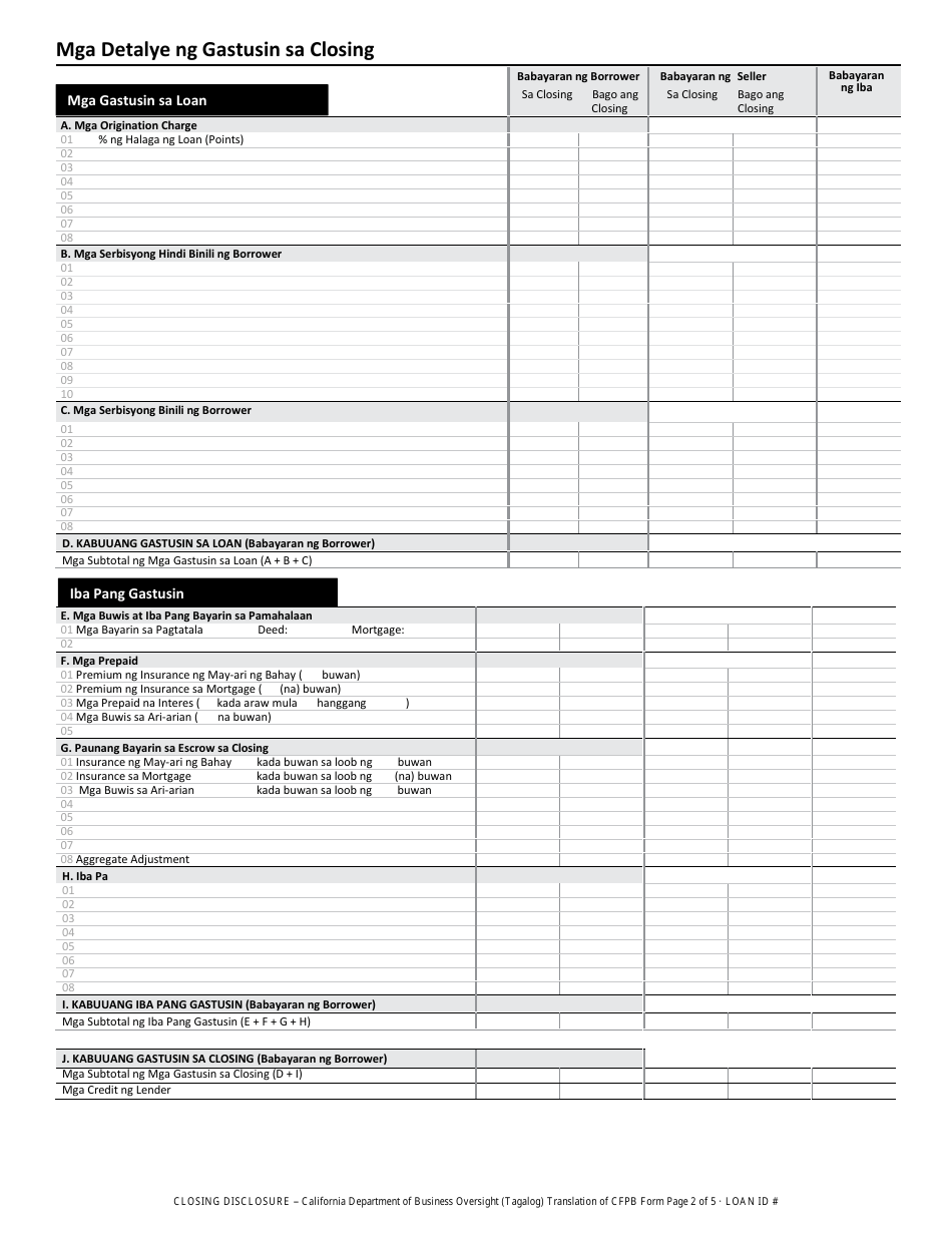 Closing Disclosure Form - California (Tagalog), Page 2
