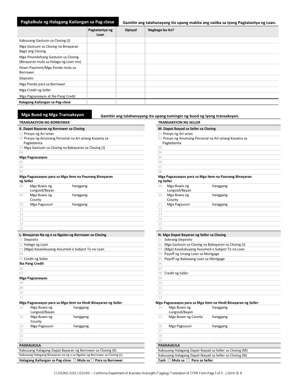 Closing Disclosure Form - California (Tagalog), Page 3