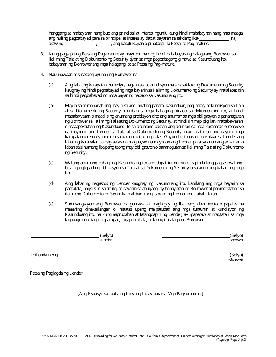 Form DBO-CRMLA8019 Loan Modification Agreement (Providing for Adjustable Interest Rate) - California (Tagalog), Page 2