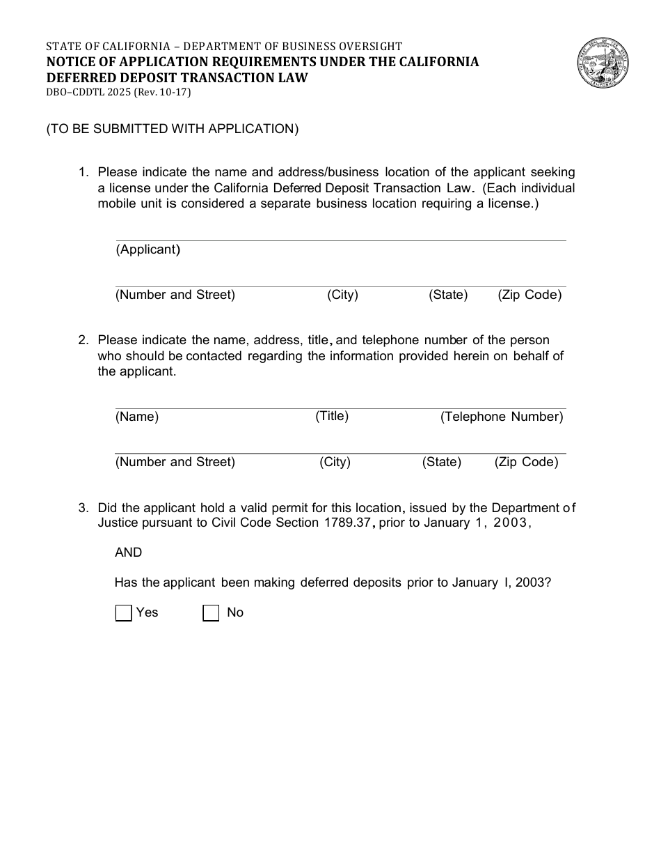 Form DBO-CDDTL2025 Notice of Application Requirements Under the California Deferred Deposit Transaction Law - California, Page 1