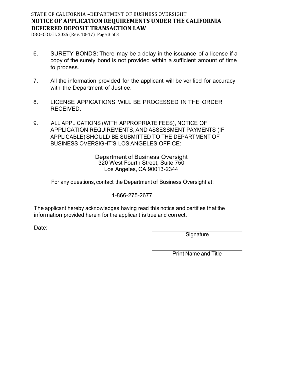 Form DBO-CDDTL2025 Notice of Application Requirements Under the California Deferred Deposit Transaction Law - California, Page 3