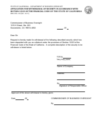 Document preview: Form DBO-CSCL110 Application for Withdrawal of Security in Accordance With Section 12223 of the Financial Code of the State of California - California