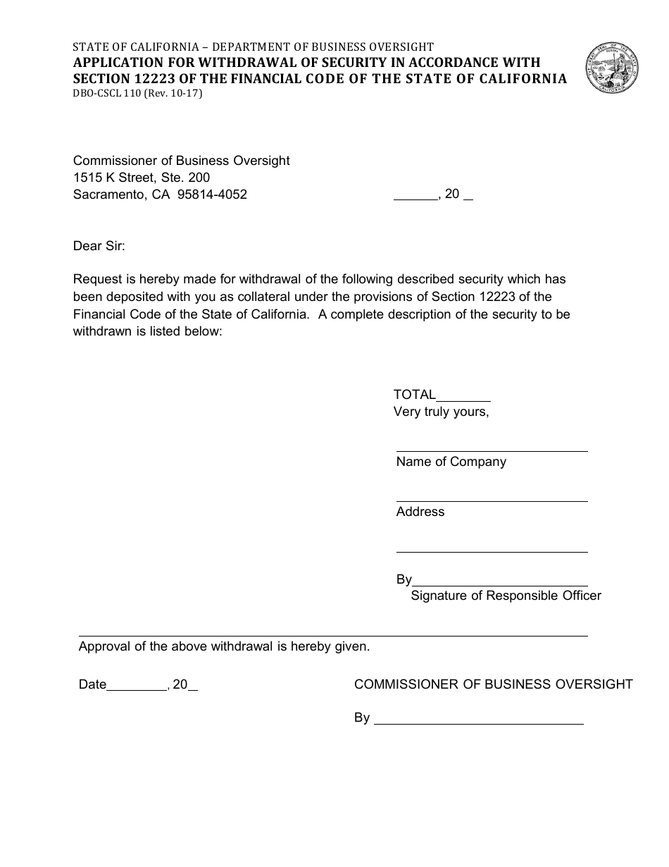 Form DBO-CSCL110 Application for Withdrawal of Security in Accordance With Section 12223 of the Financial Code of the State of California - California, Page 1