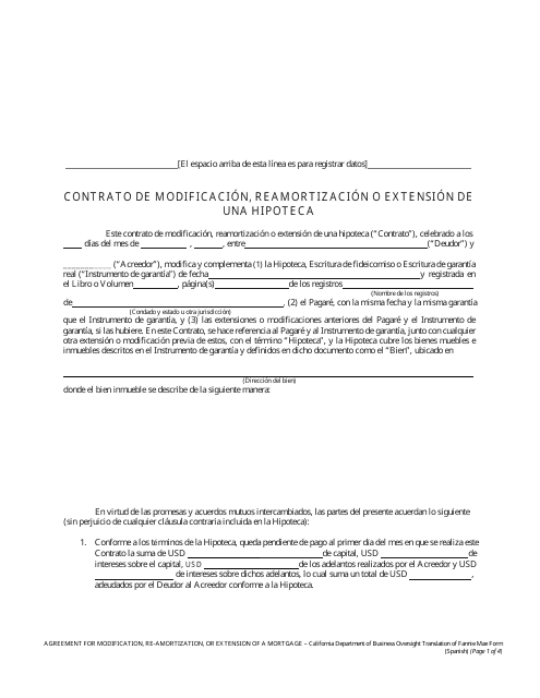 Formulario DBO-CRMLA8019 Contrato De Modificacion, Reamortizacion O Extension De Una Hipoteca - California (Spanish)