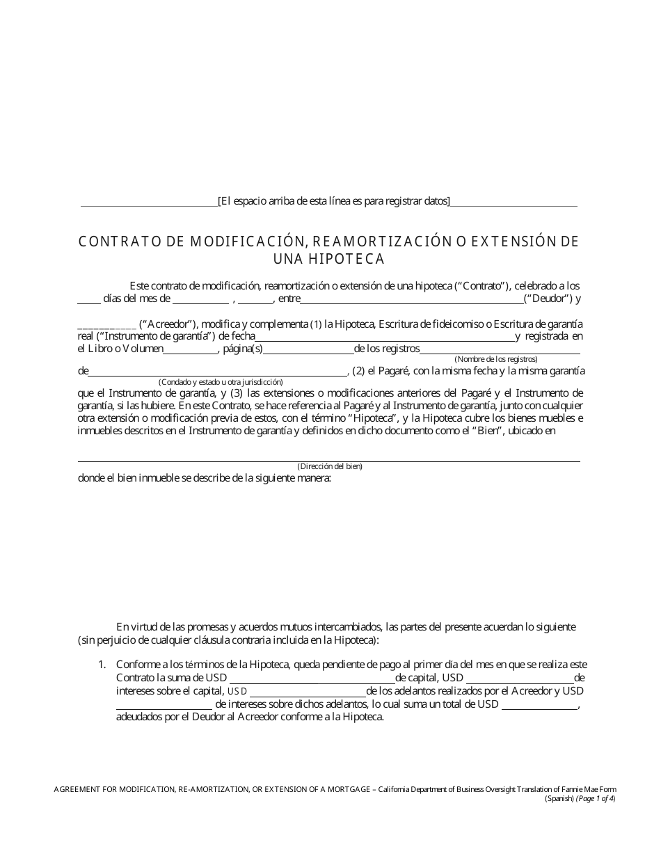 Formulario DBO-CRMLA8019 Contrato De Modificacion, Reamortizacion O Extension De Una Hipoteca - California (Spanish), Page 1