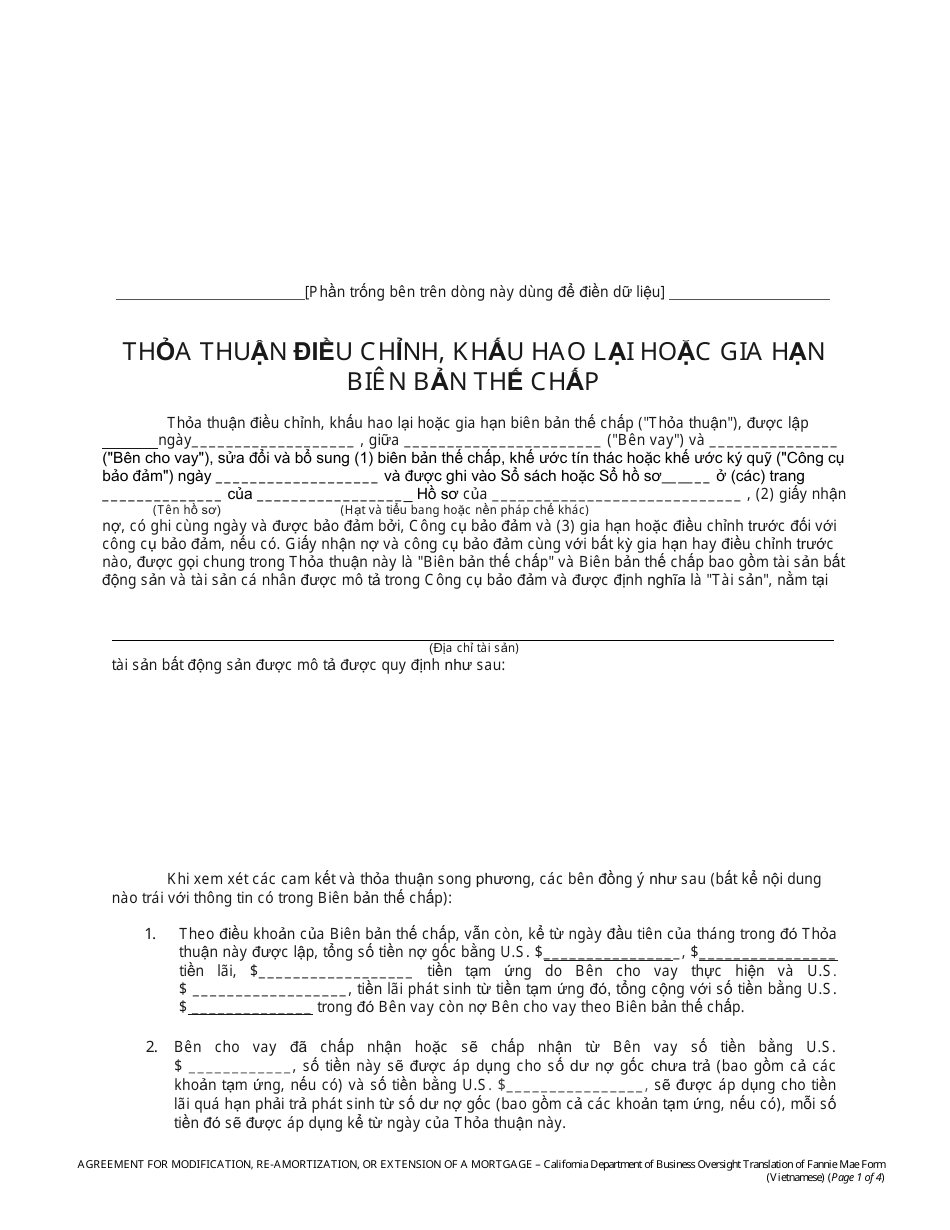 Form DBO-CRMLA8019 Mortgage Modification, Re-amortization or Extension Form - California (Vietnamese), Page 1