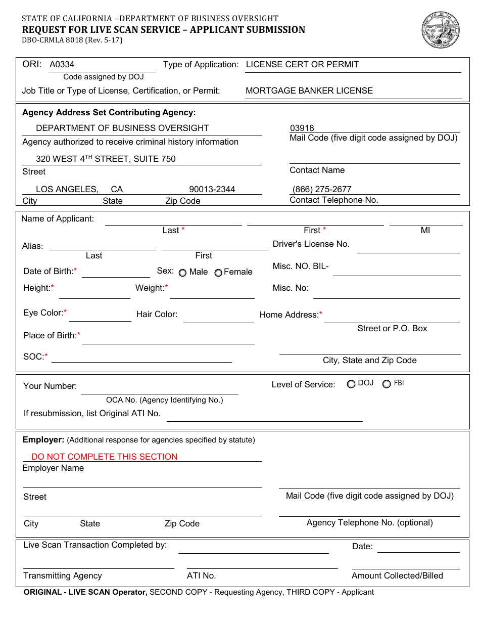 Form DBO-CRMLA8018 Request for Live Scan Service - Applicant Submission - California, Page 1