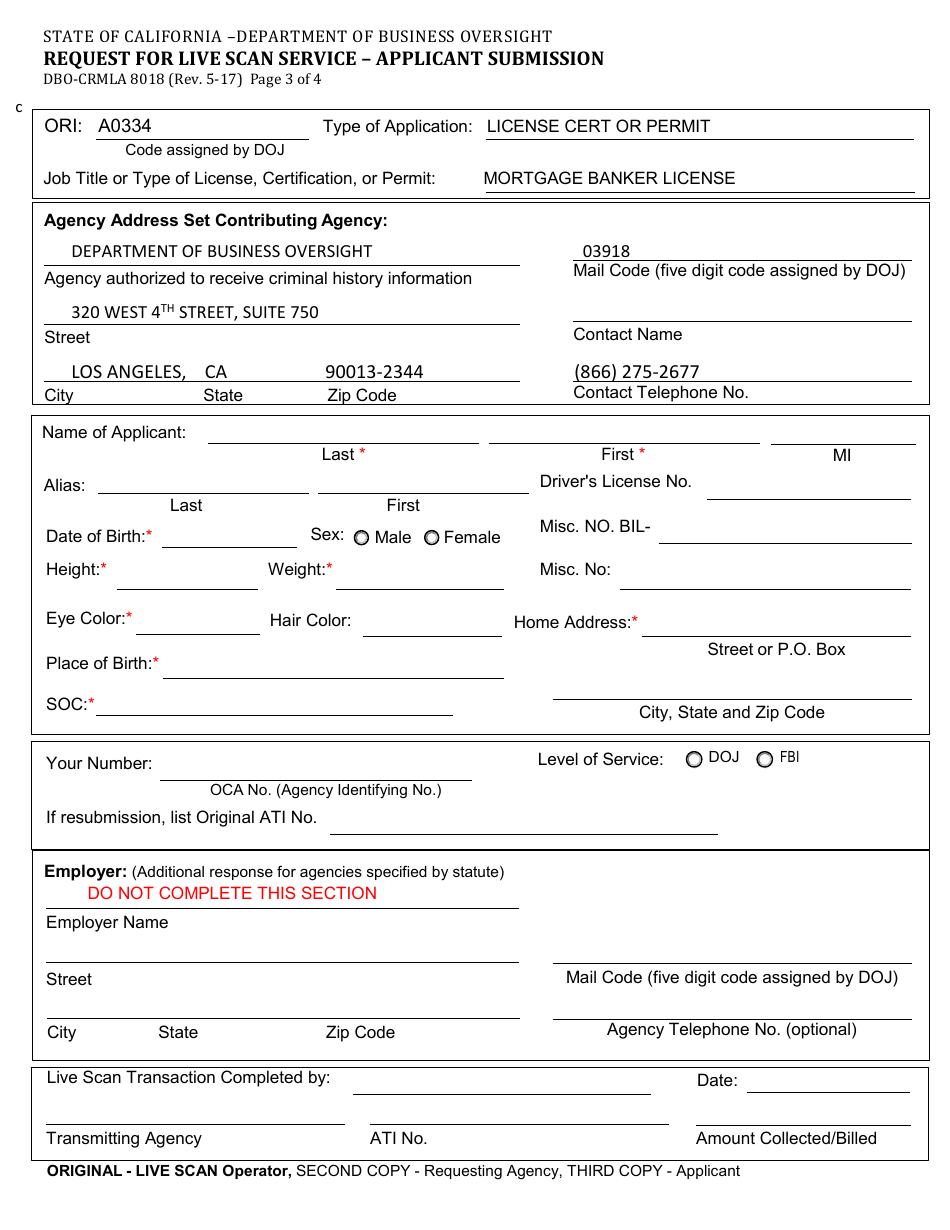 Form DBO-CRMLA8018 Request for Live Scan Service - Applicant Submission - California, Page 3