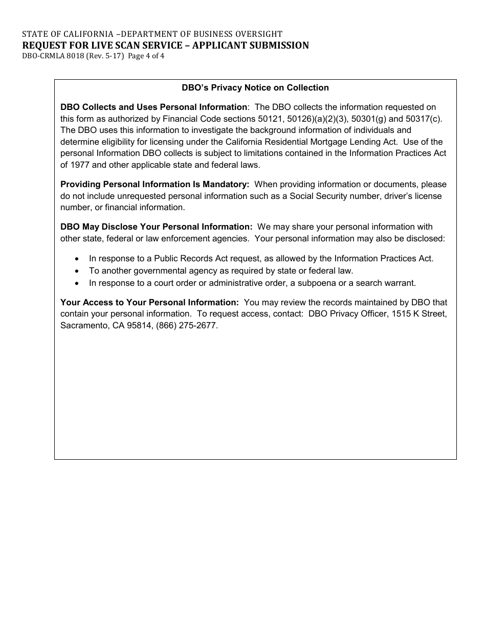 Form DBO-CRMLA8018 Request for Live Scan Service - Applicant Submission - California, Page 4