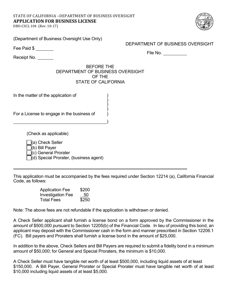 Form DBO-CSCL104 Application for Business License - California, Page 1