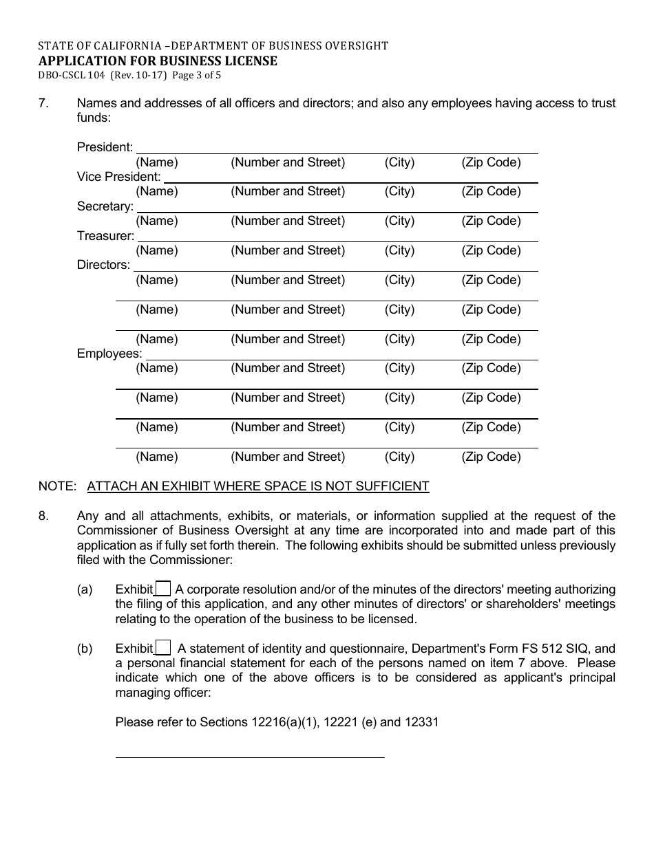 Form DBO-CSCL104 Application for Business License - California, Page 3