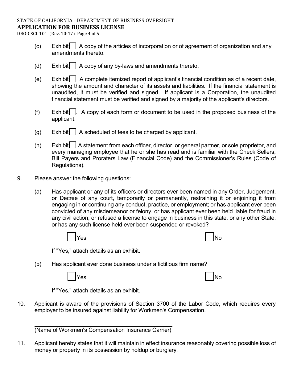 Form DBO-CSCL104 Application for Business License - California, Page 4