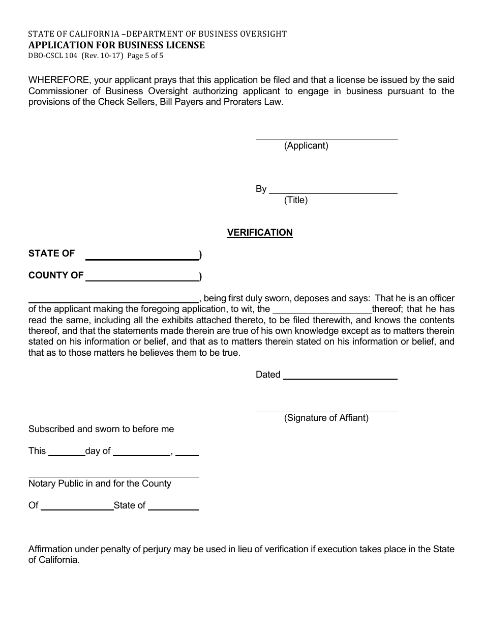 Form DBO-CSCL104 Application for Business License - California, Page 5