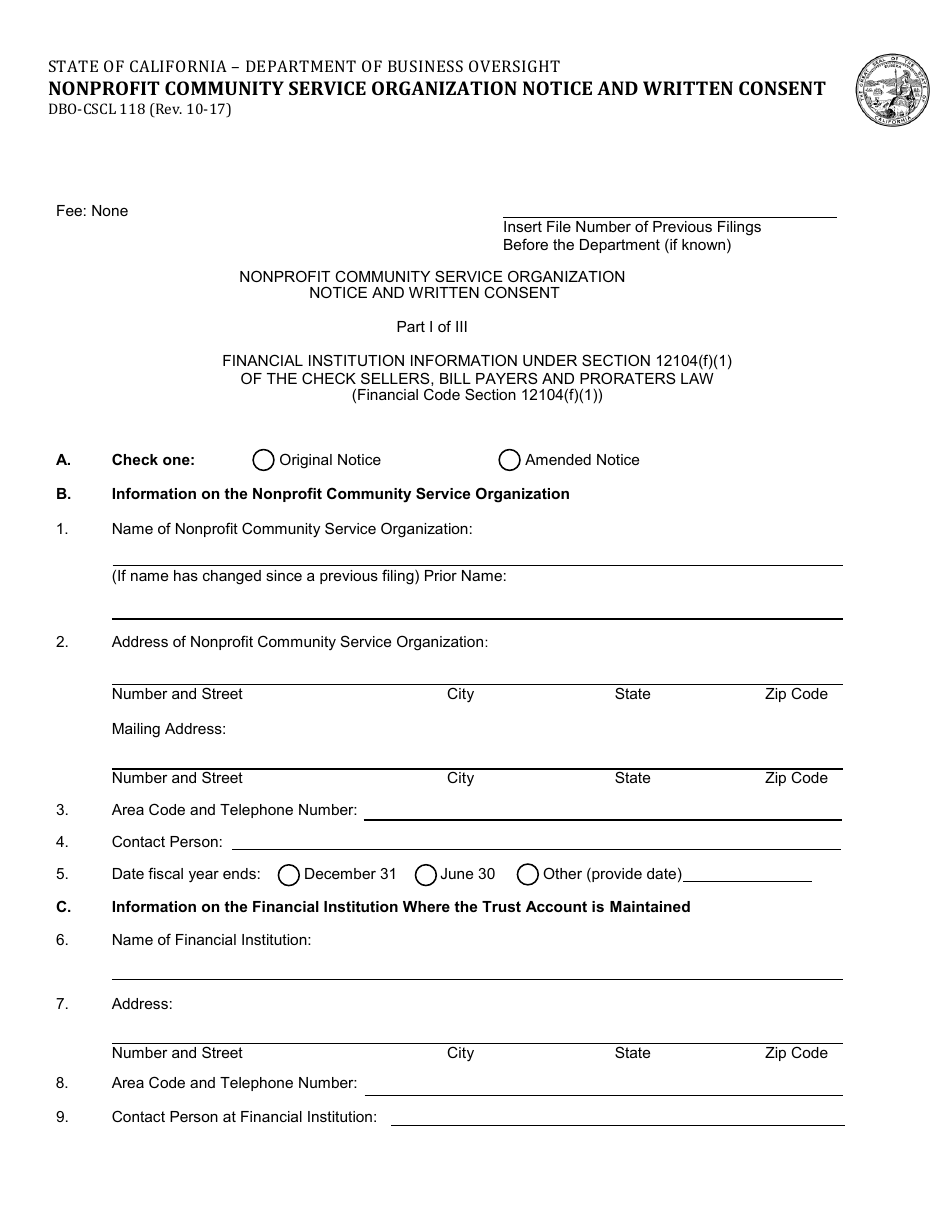 Form DBO-CSCL118 Nonprofit Community Service Organization Notice and Written Consent - California, Page 1