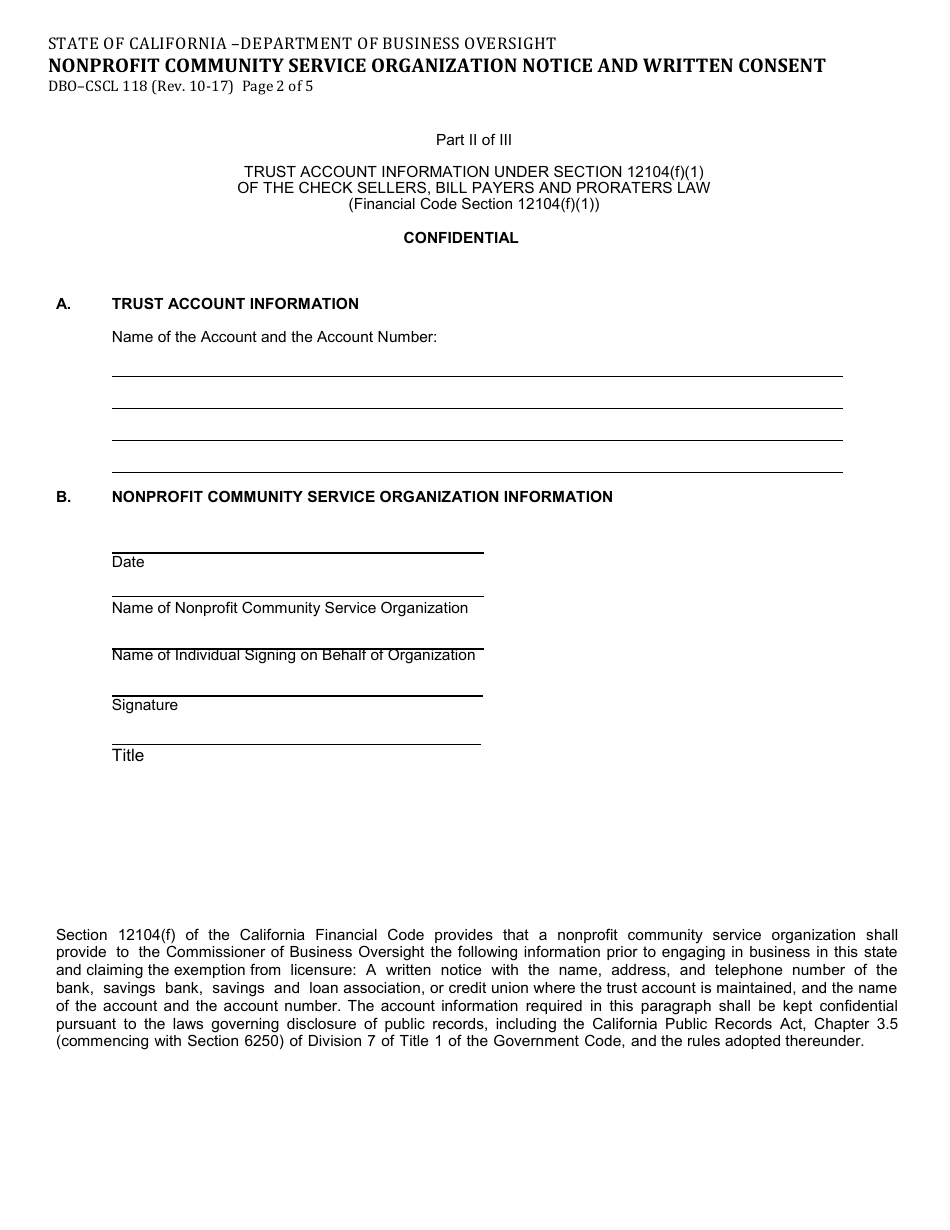 Form DBO-CSCL118 Nonprofit Community Service Organization Notice and Written Consent - California, Page 2