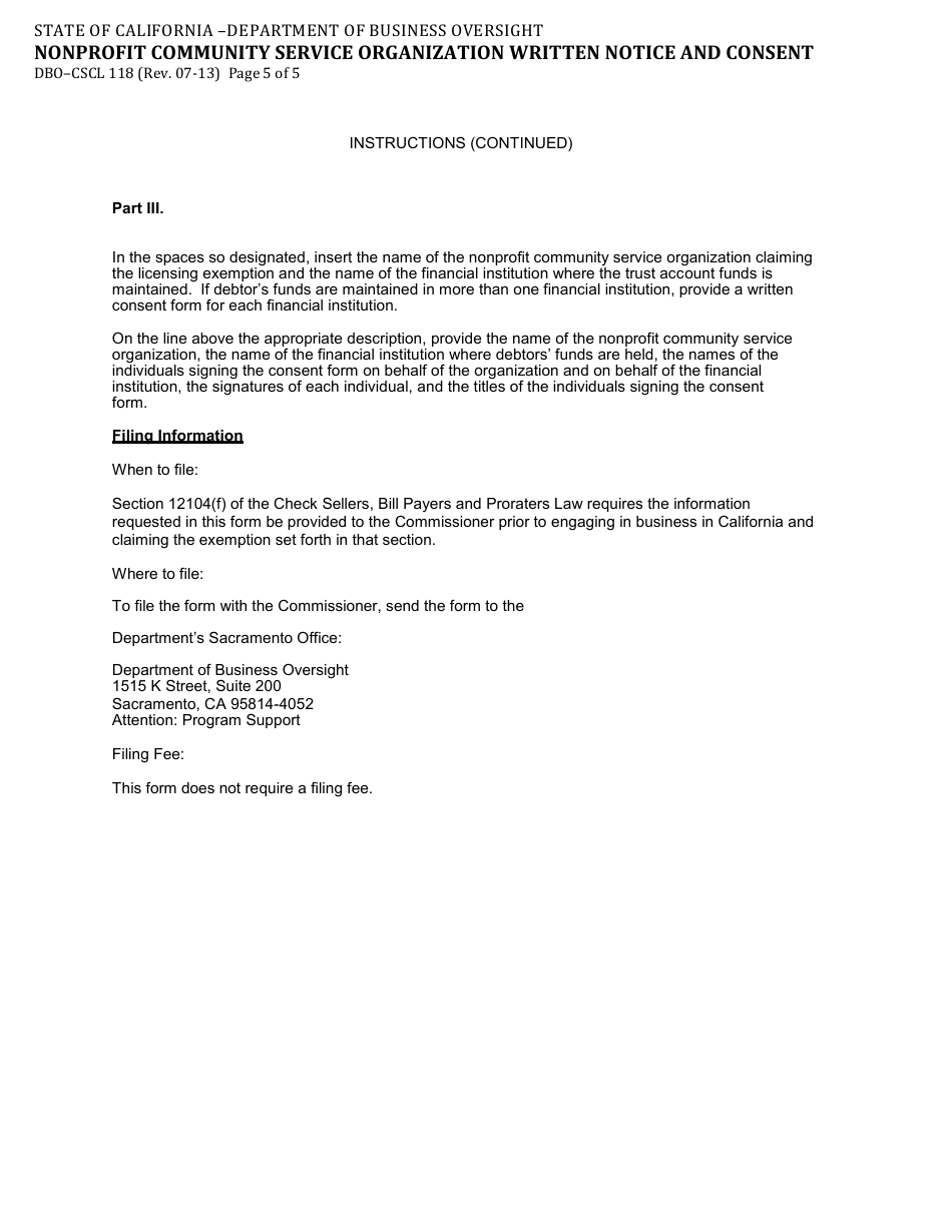 Form DBO-CSCL118 Nonprofit Community Service Organization Notice and Written Consent - California, Page 5