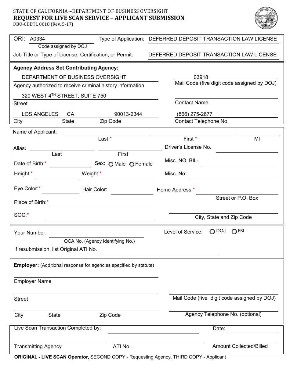 Form DBO-CDDTL8018 Request for Live Scan Service - Applicant Submission - California, Page 1