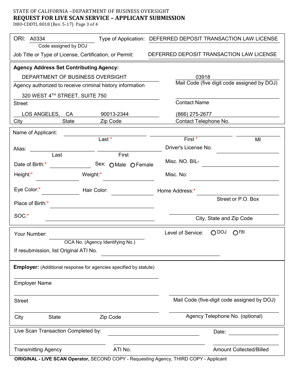 Form DBO-CDDTL8018 Request for Live Scan Service - Applicant Submission - California, Page 3