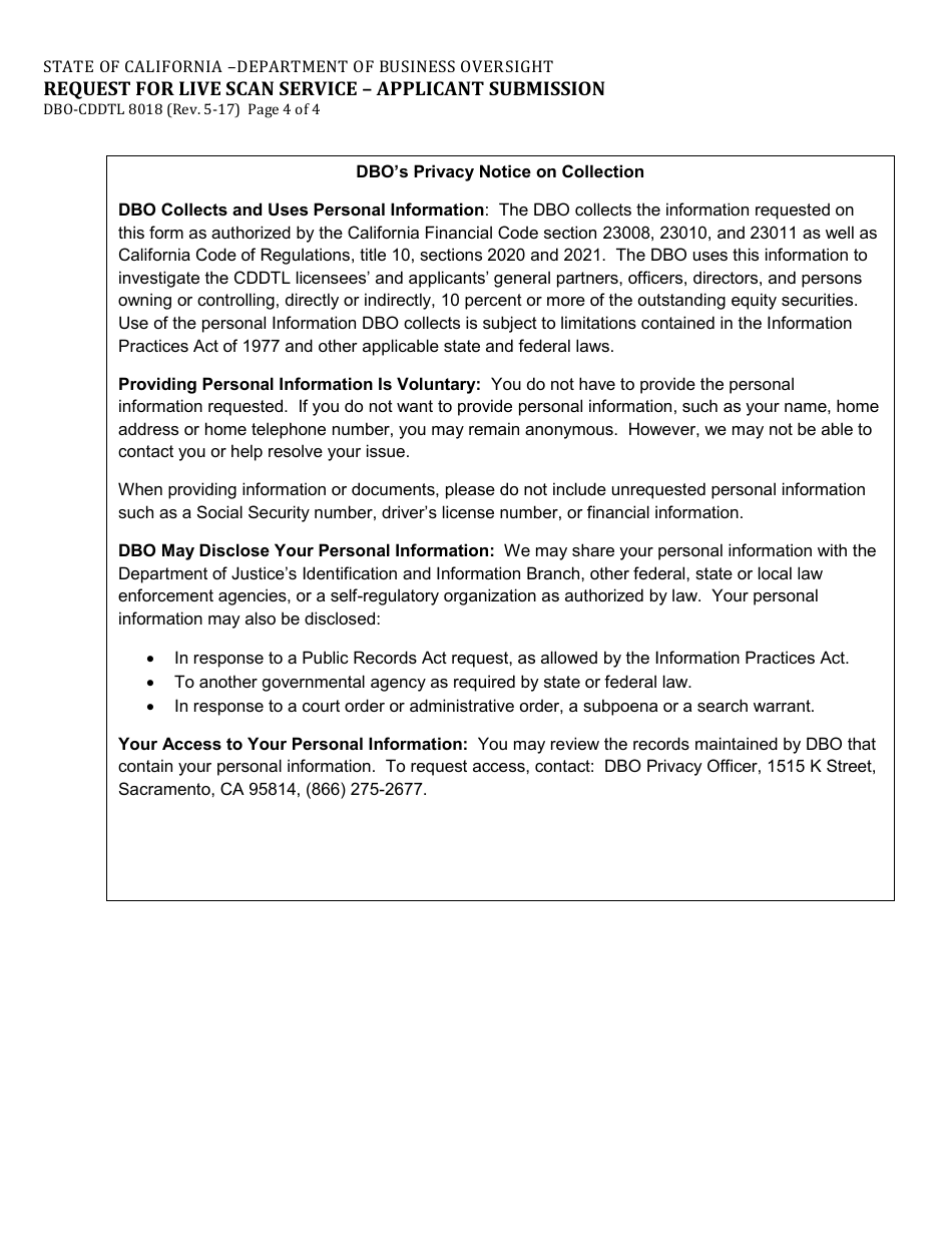 Form DBO-CDDTL8018 Request for Live Scan Service - Applicant Submission - California, Page 4