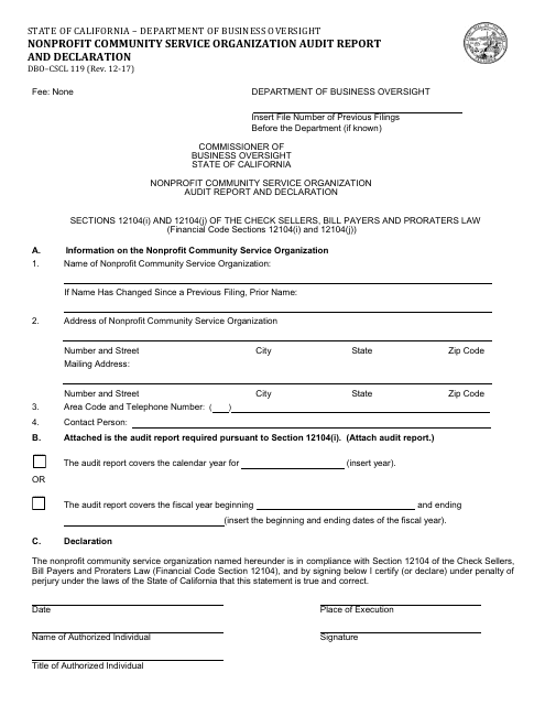 Form DBO-CSCL119 Nonprofit Community Service Organization Audit Report and Declaration - California