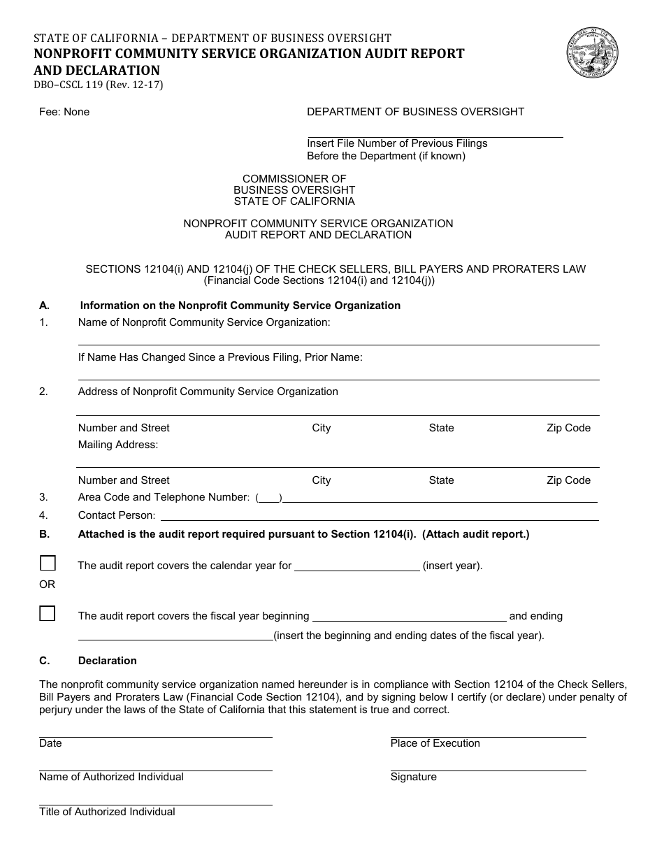 Form DBO-CSCL119 Nonprofit Community Service Organization Audit Report and Declaration - California, Page 1