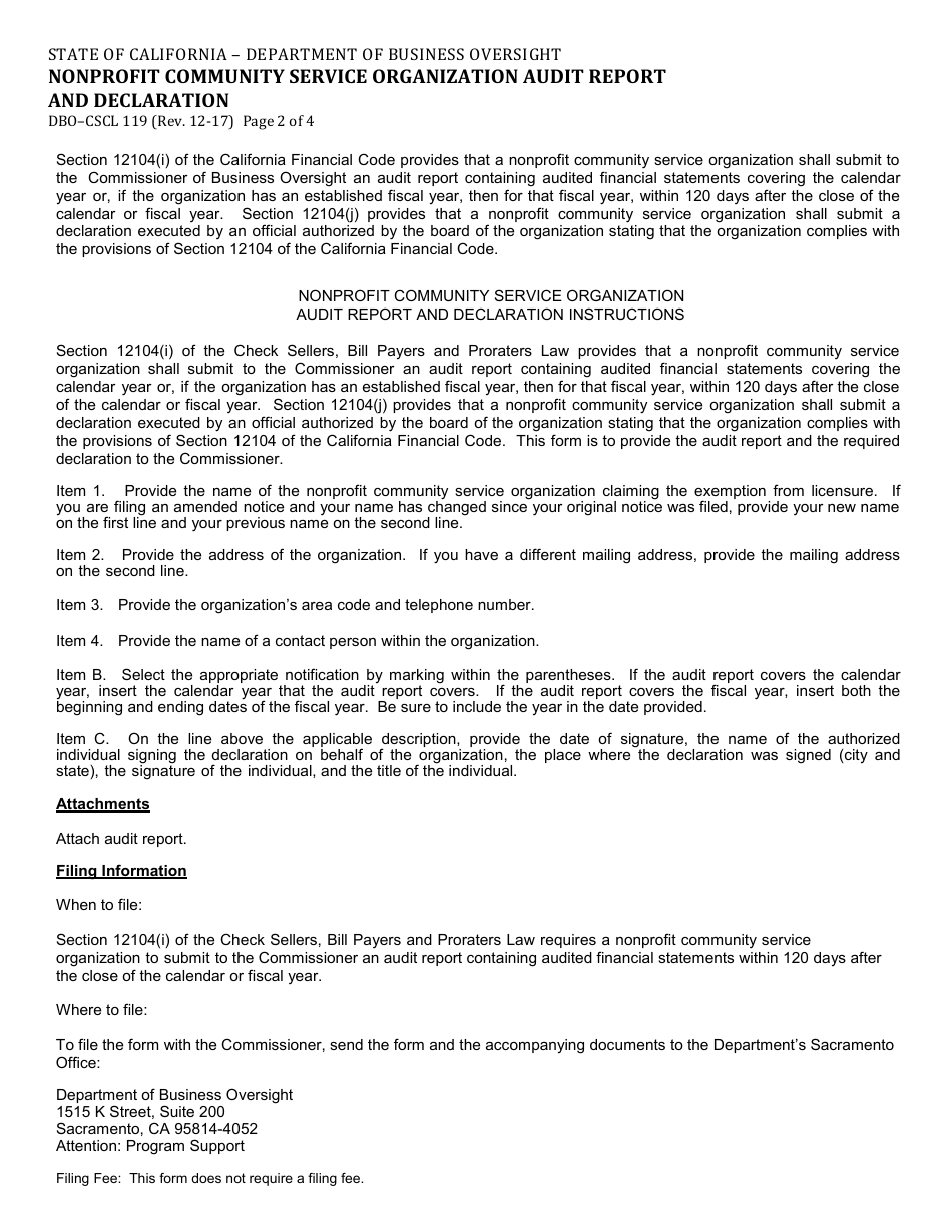 Form DBO-CSCL119 Nonprofit Community Service Organization Audit Report and Declaration - California, Page 2