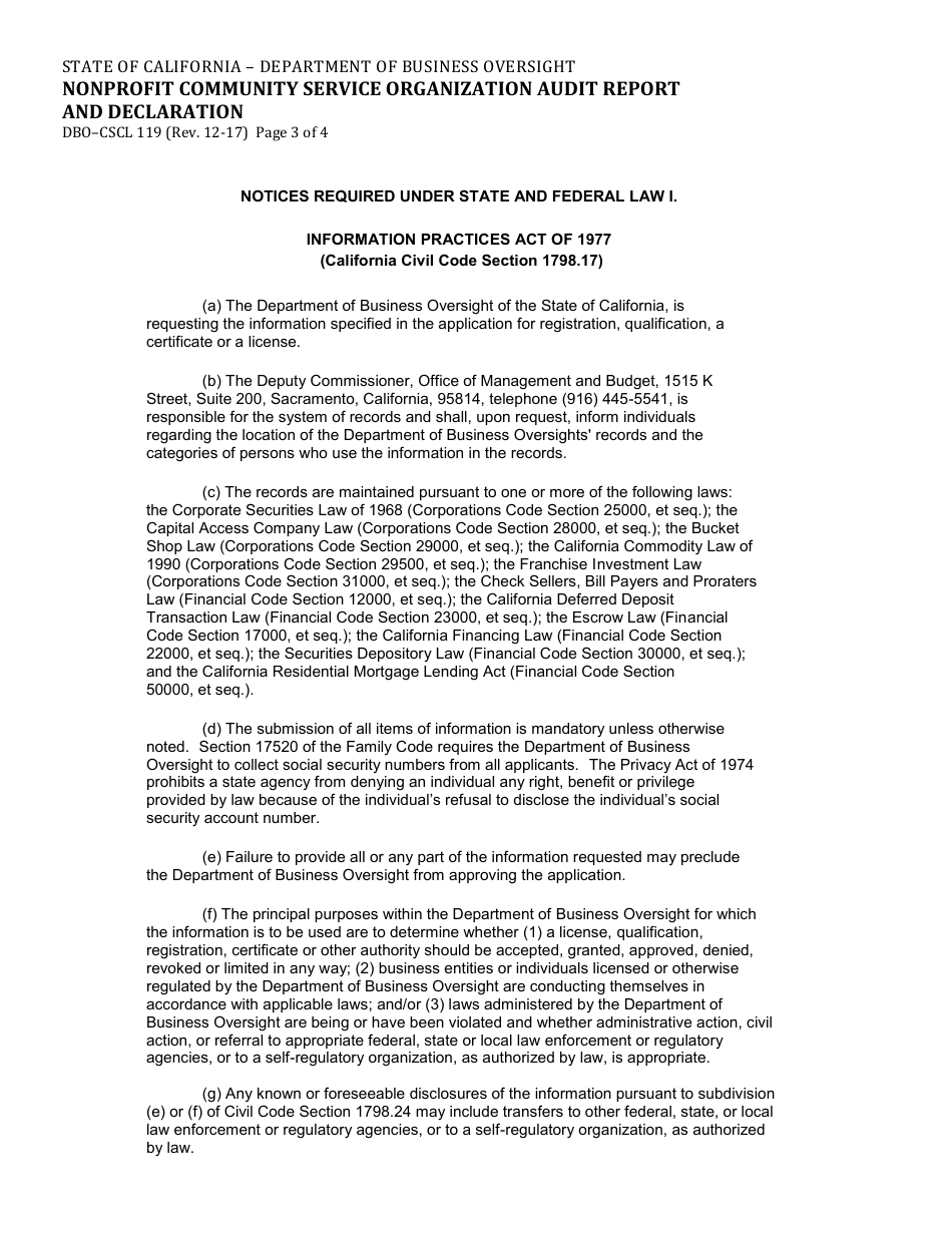 Form DBO-CSCL119 Nonprofit Community Service Organization Audit Report and Declaration - California, Page 3