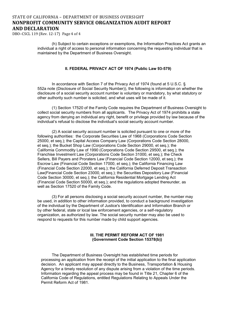 Form DBO-CSCL119 Nonprofit Community Service Organization Audit Report and Declaration - California, Page 4