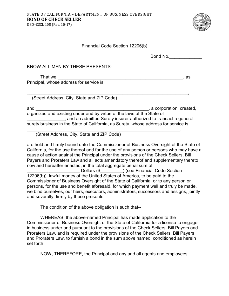 Form DBO-CSCL105 Bond of Check Seller - California, Page 1