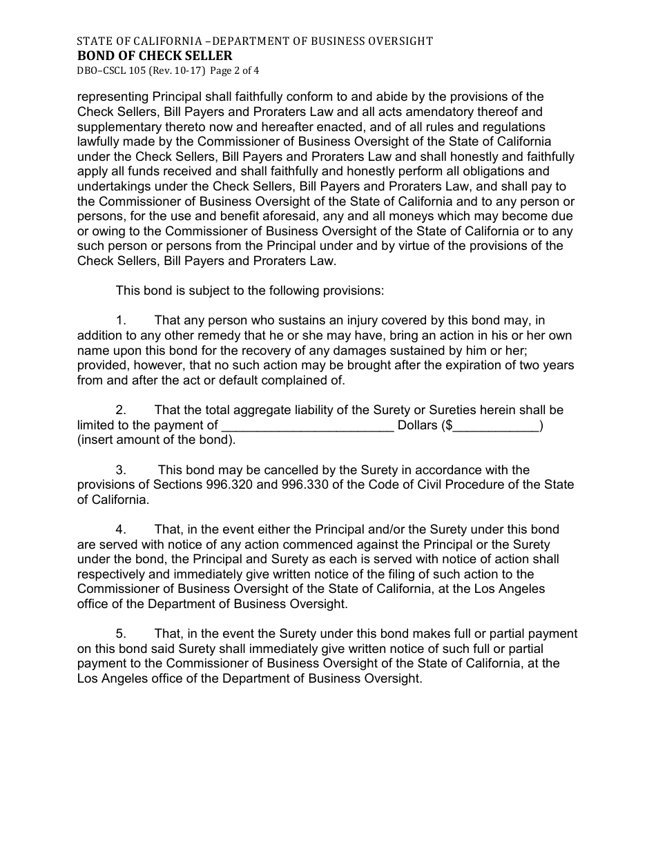 Form DBO-CSCL105 Bond of Check Seller - California, Page 2