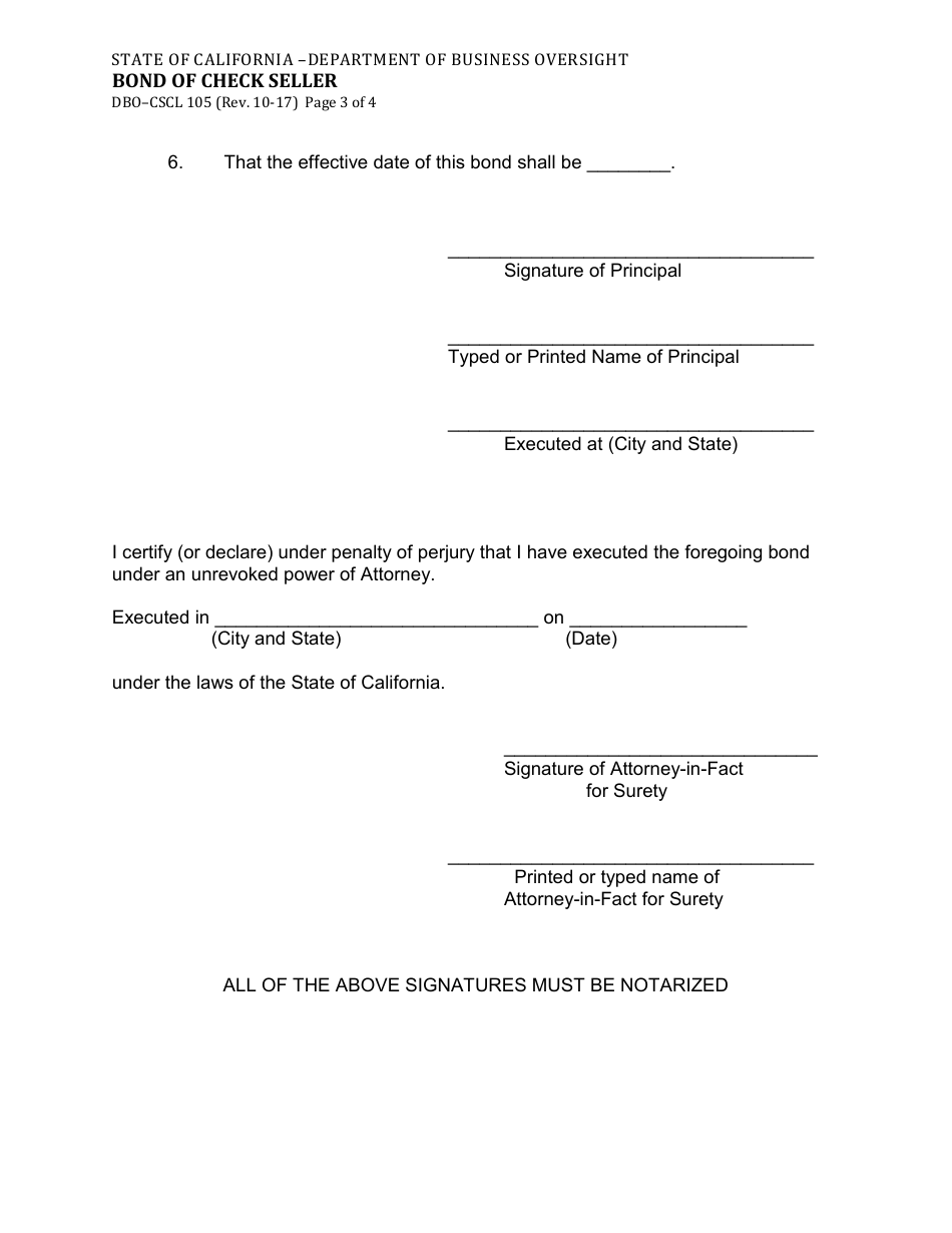 Form DBO-CSCL105 Bond of Check Seller - California, Page 3