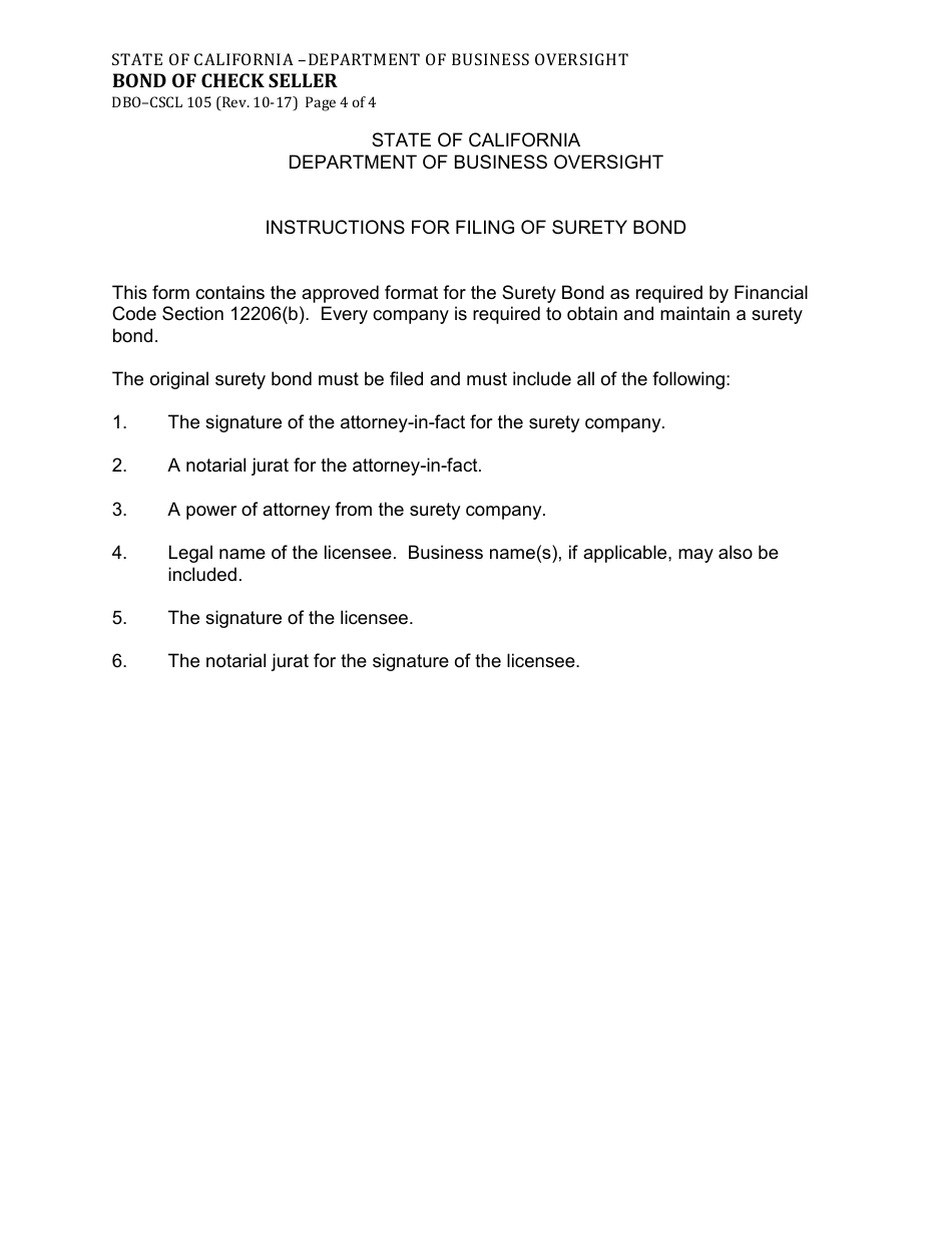 Form DBO-CSCL105 Bond of Check Seller - California, Page 4