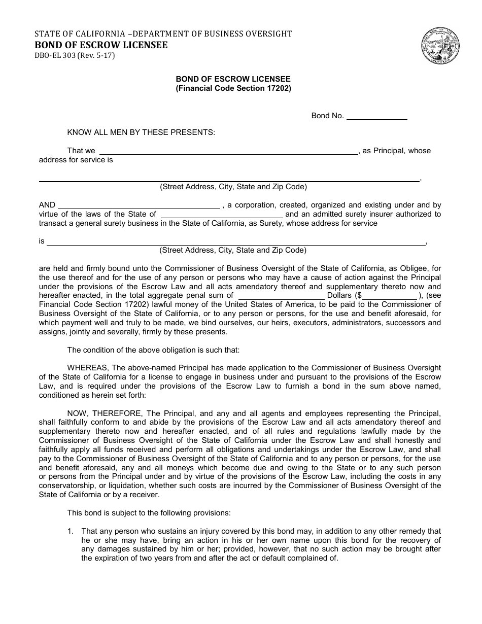 Form DBO-EL303 Bond of Escrow Licensee (Financial Code Section 17202) - California, Page 1