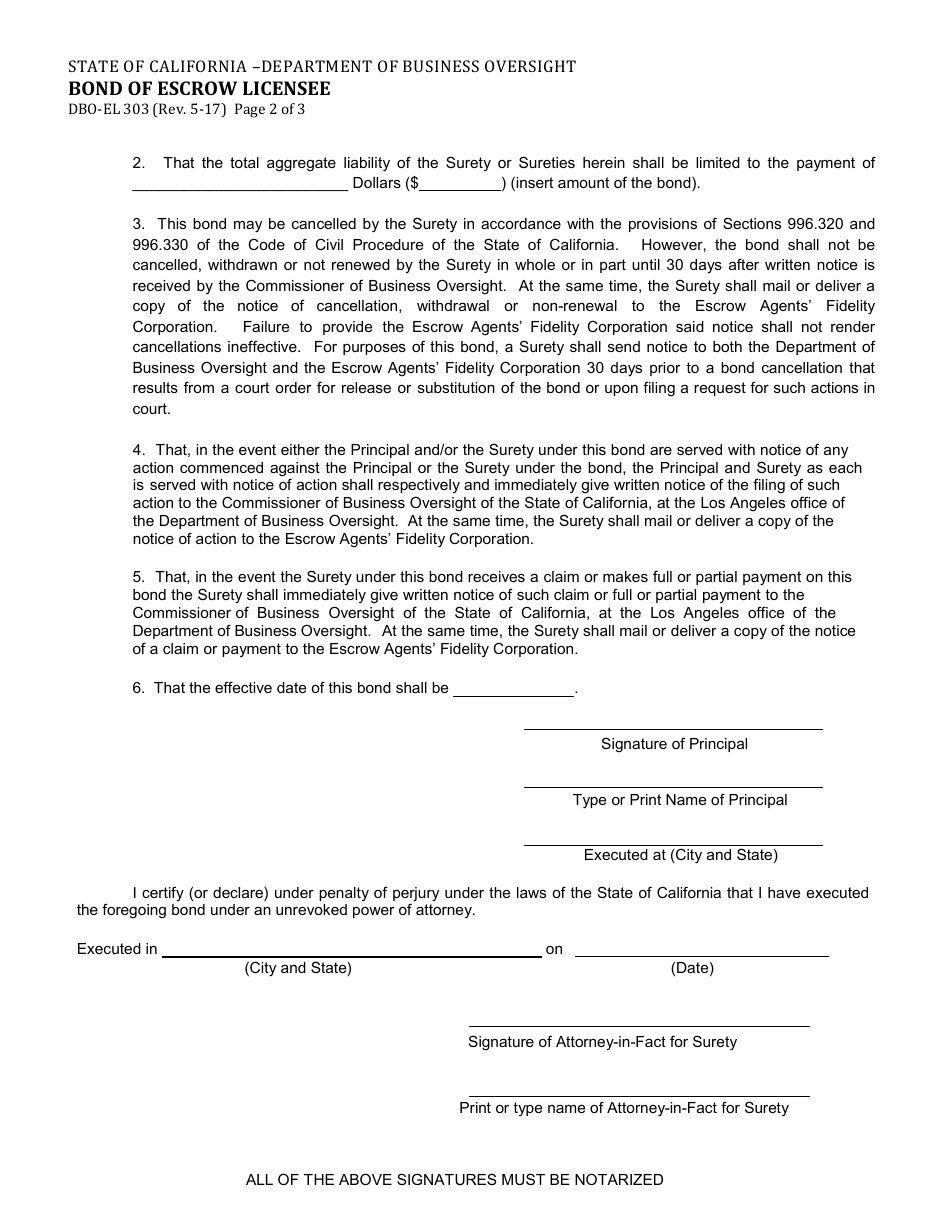 Form DBO-EL303 Bond of Escrow Licensee (Financial Code Section 17202) - California, Page 2