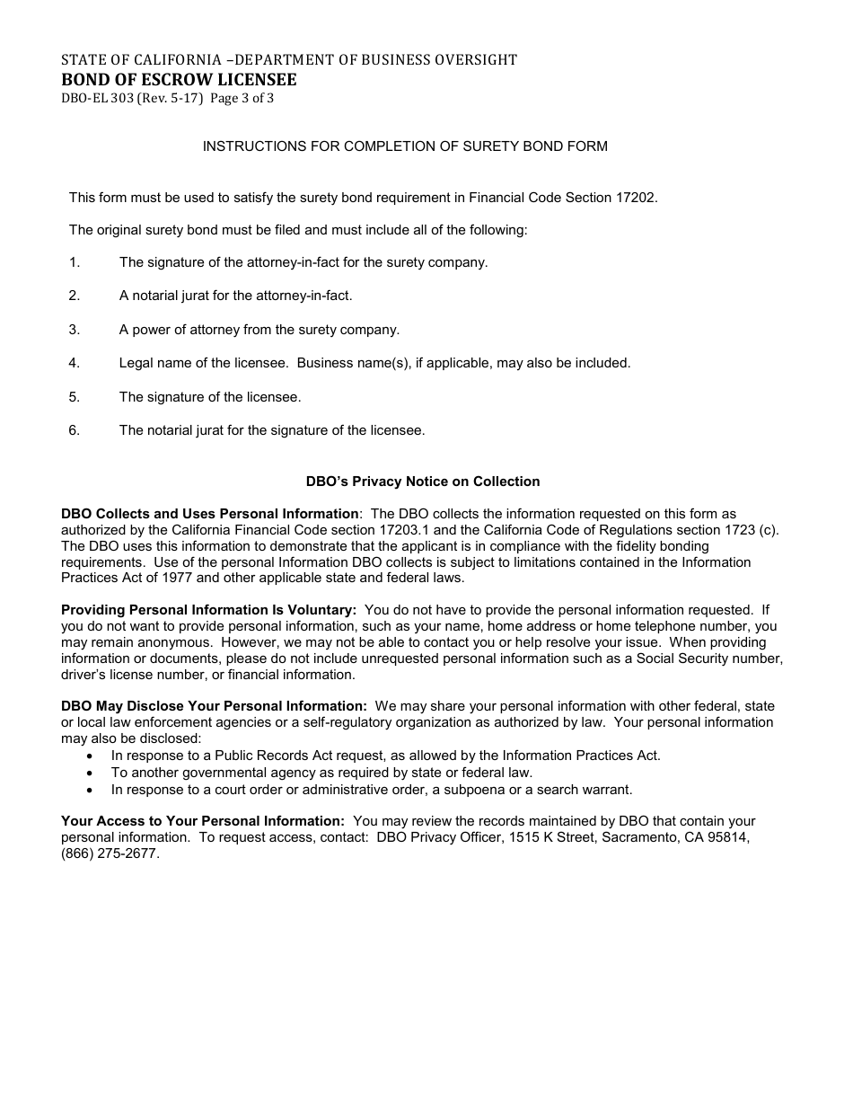 Form DBO-EL303 Bond of Escrow Licensee (Financial Code Section 17202) - California, Page 3