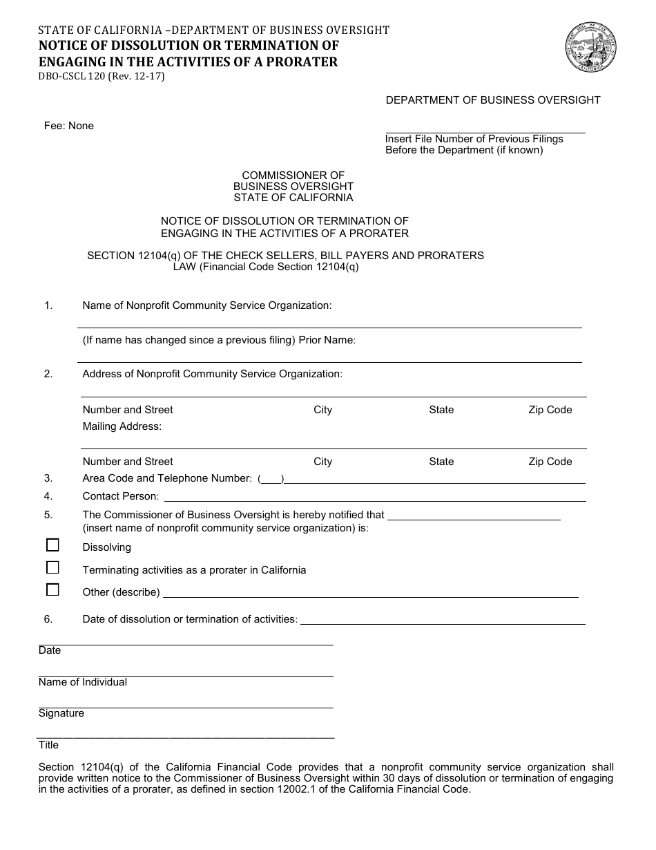 Form DBO-CSCL120 Notice of Dissolution or Termination of Engaging in the Activities of a Prorater - California, Page 1