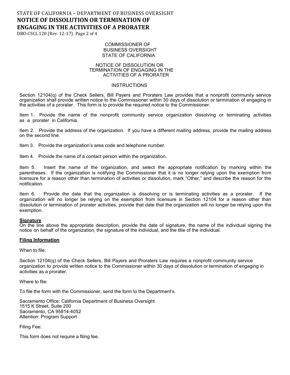 Form DBO-CSCL120 Notice of Dissolution or Termination of Engaging in the Activities of a Prorater - California, Page 2