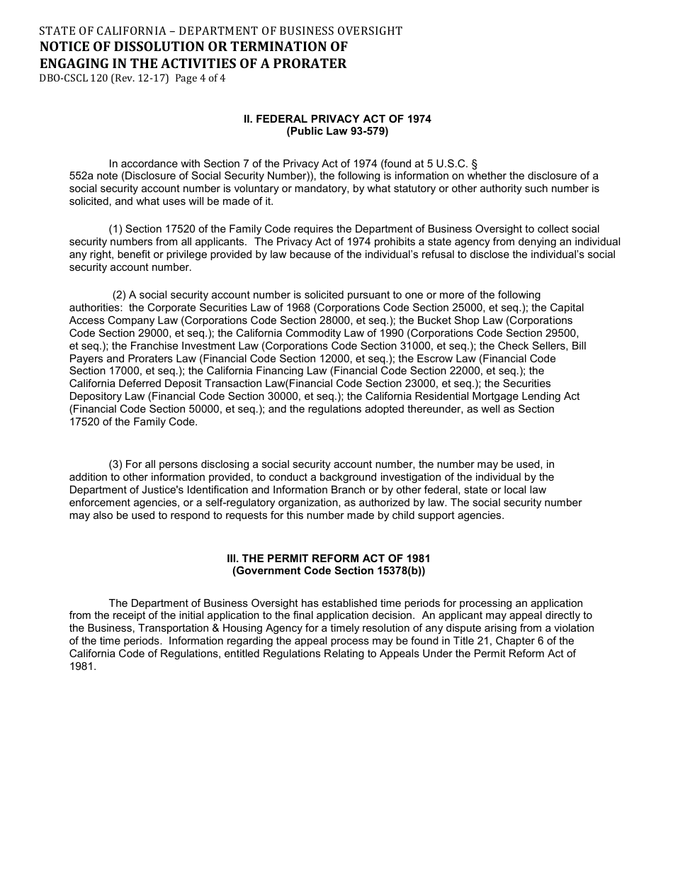 Form DBO-CSCL120 Notice of Dissolution or Termination of Engaging in the Activities of a Prorater - California, Page 4