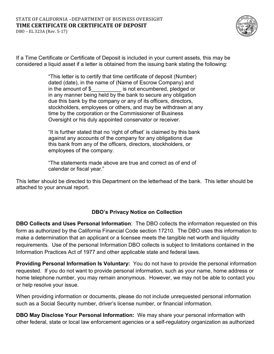 Form DBO-EL323A Time Certificate or Certificate of Deposit - California, Page 1