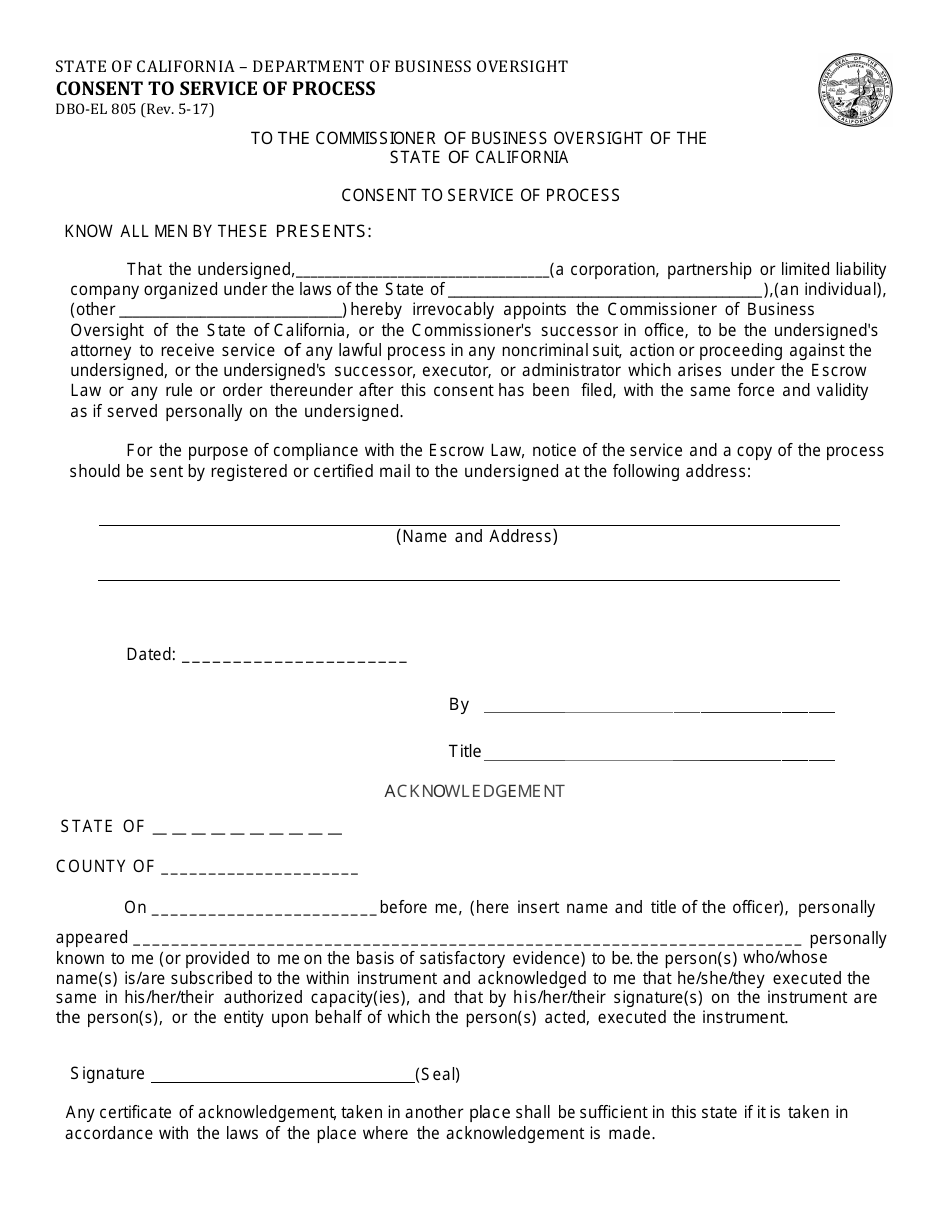 Form DBO-EL805 Consent to Service of Process - California, Page 1