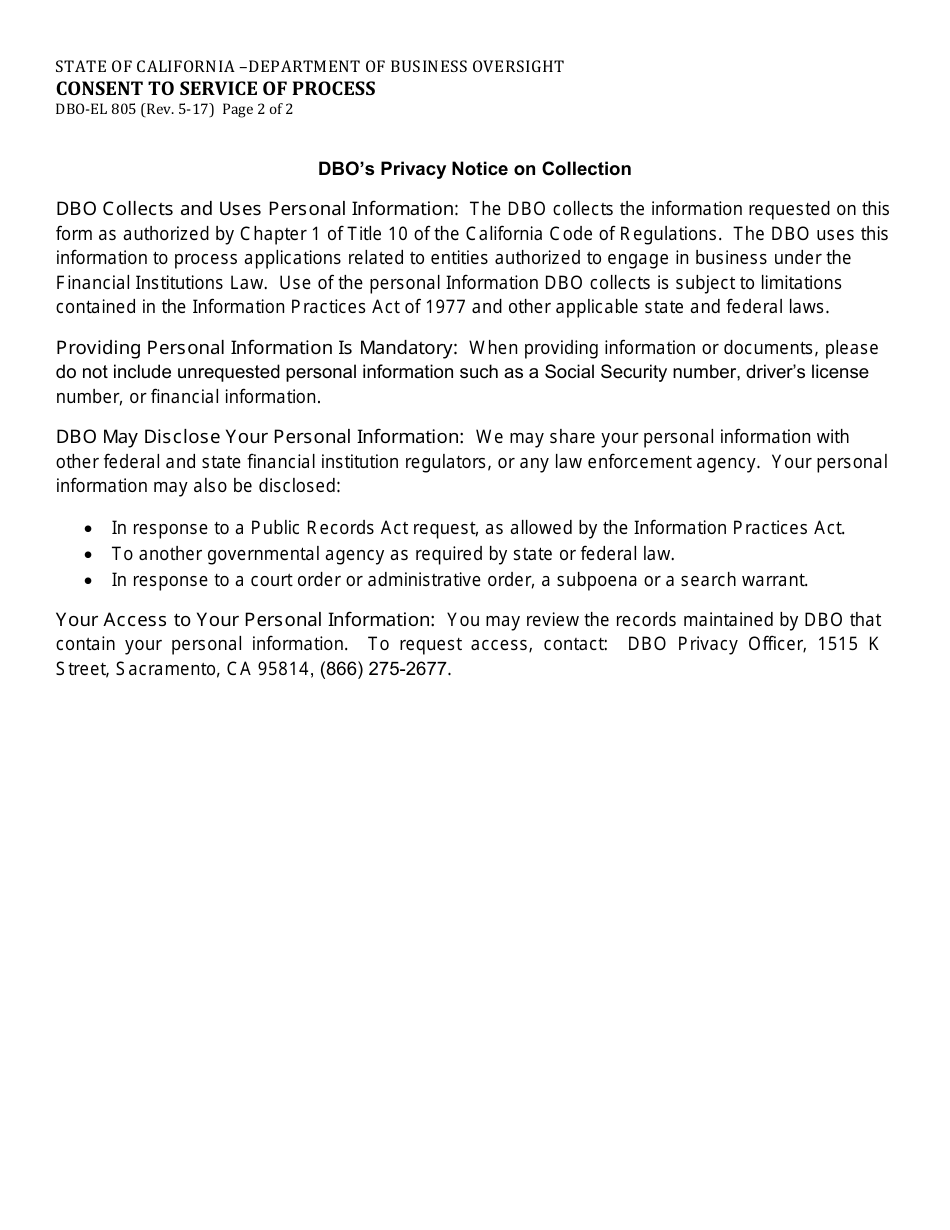 Form DBO-EL805 Consent to Service of Process - California, Page 2