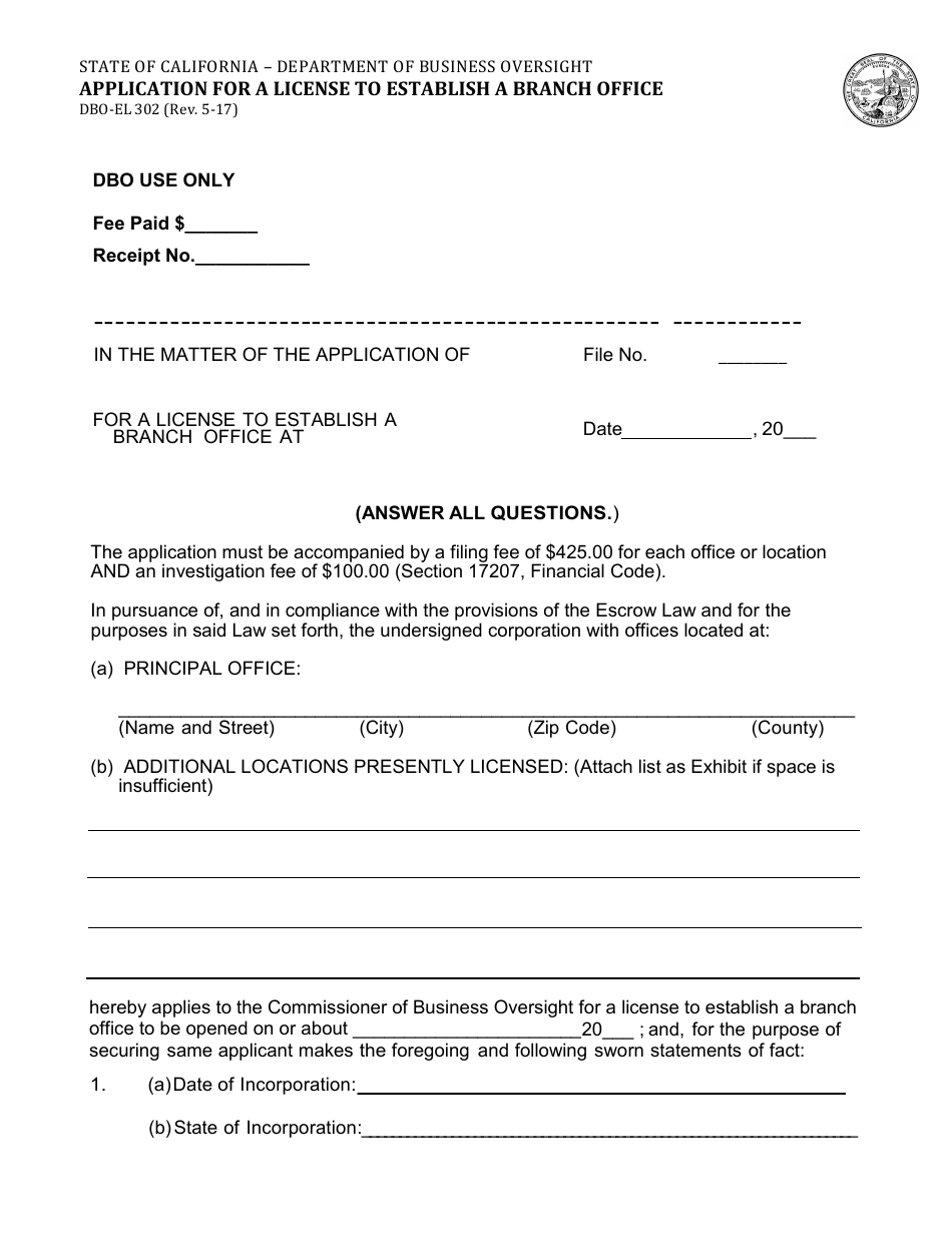 Form DBO-EL302 Application for a License to Establish a Branch Office - California, Page 1