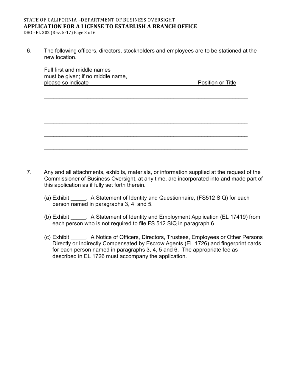 Form DBO-EL302 Application for a License to Establish a Branch Office - California, Page 3