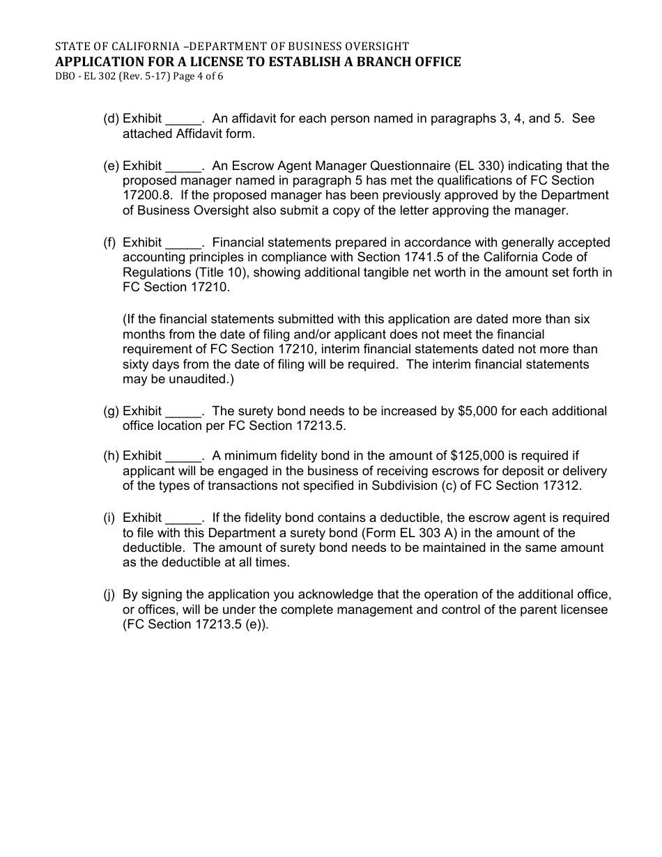 Form DBO-EL302 Application for a License to Establish a Branch Office - California, Page 4