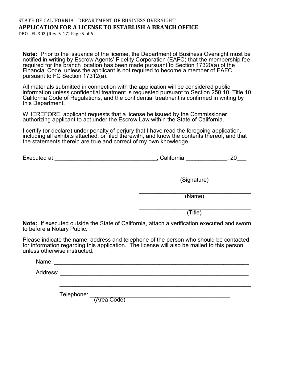 Form DBO-EL302 Application for a License to Establish a Branch Office - California, Page 5