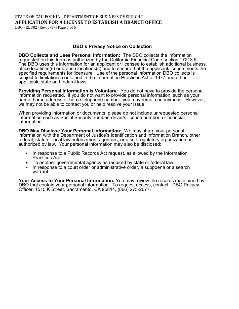 Form DBO-EL302 Application for a License to Establish a Branch Office - California, Page 6