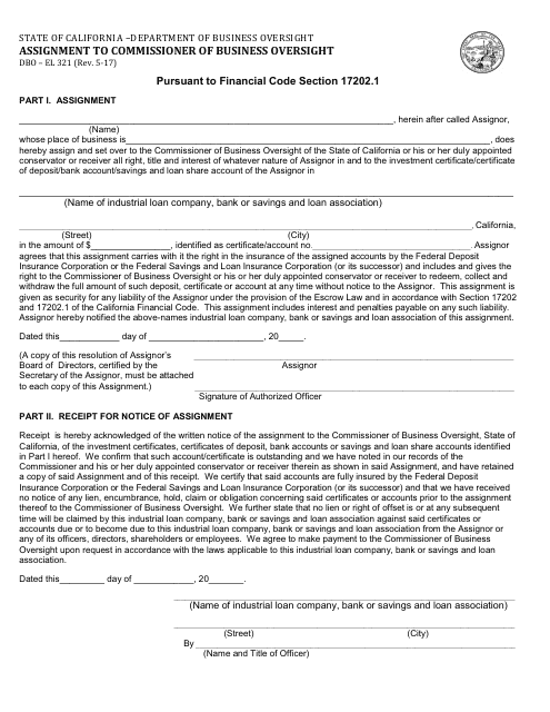 Form DBO-EL321 Assignment to Commissioner of Business Oversight - California
