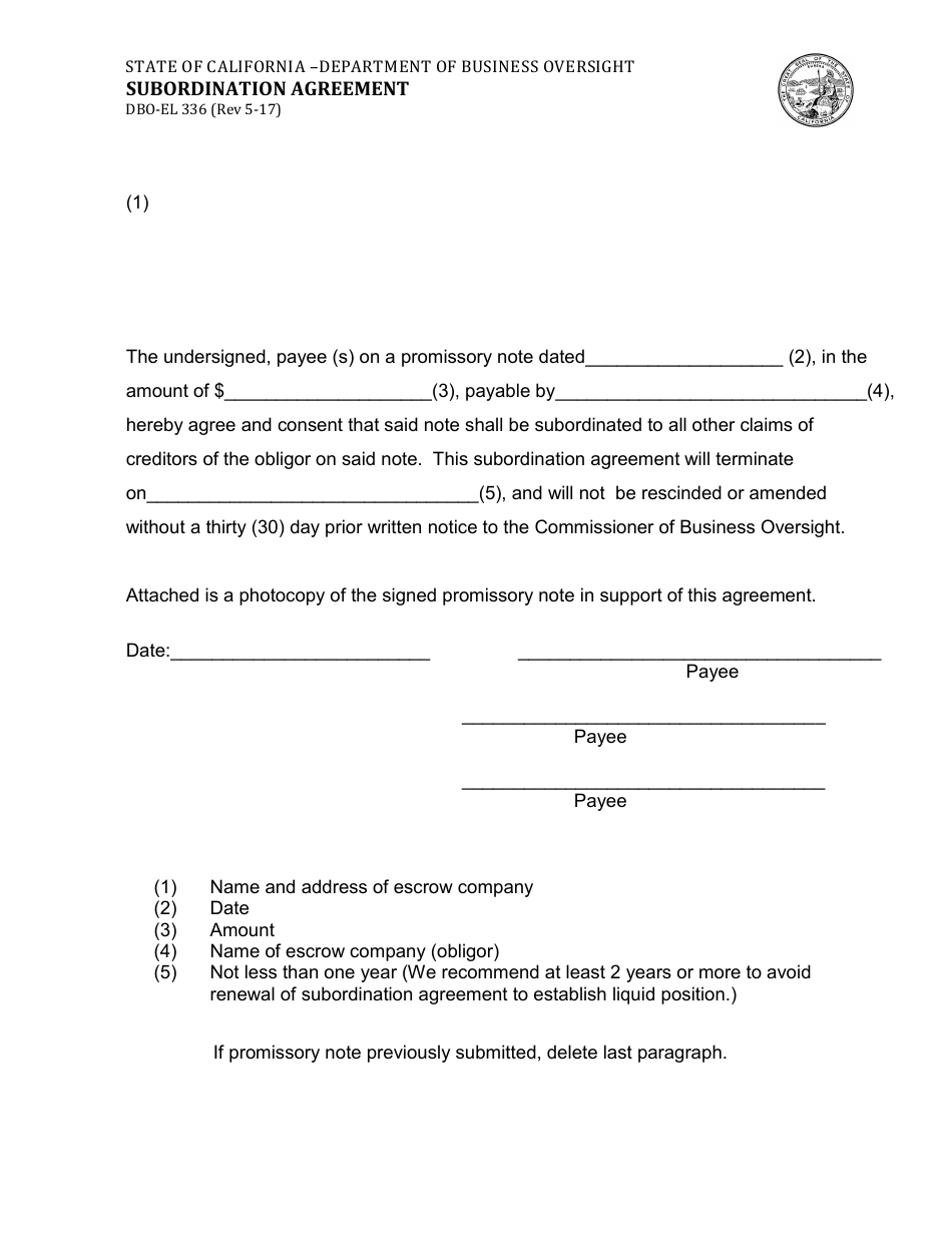 Form DBO-EL336 Subordination Agreement - California, Page 1